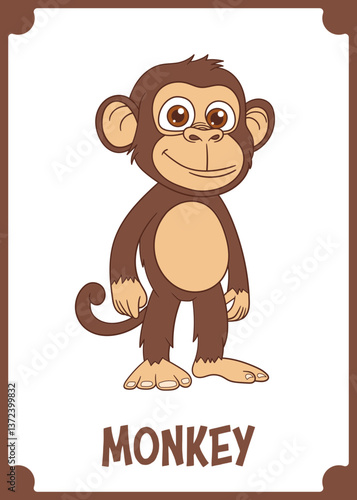 An adorable cartoon monkey with a sweet smile stands against a dark background, perfect for children's illustrations and educational materials.