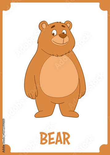 A charming cartoon illustration of a brown bear, featuring a friendly smile and soft lines, presented on a card with a black background.