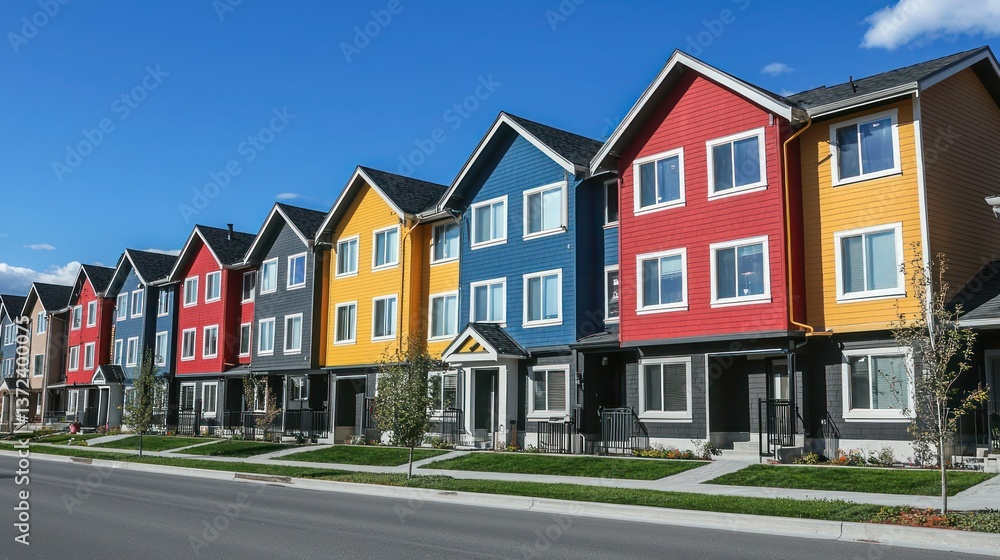 A row of colorful townhouses in an urban neighborhood. A row of colorful townhouses in an urban neighborhood.