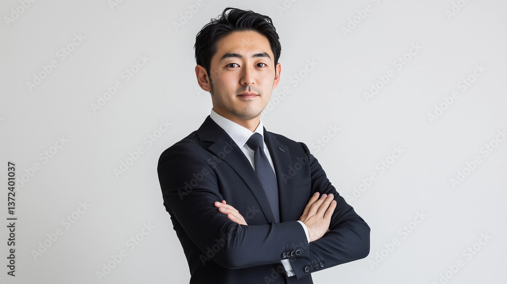 白背景で腕組みし信頼感を示す日本人男性のビジネスポートレート 白背景で腕組みし信頼感を示す日本人男性のビジネスポートレート