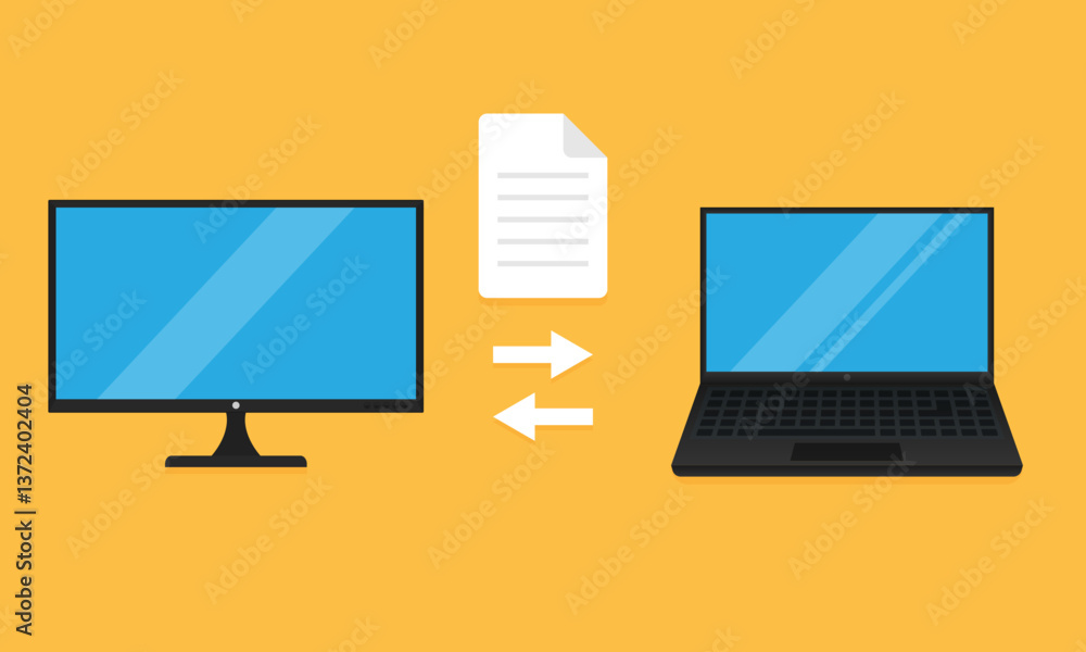 File transfer between a desktop PC and a laptop. Vector illustration depicting the dynamic process of file exchange or data sharing between the two devices. EPS10