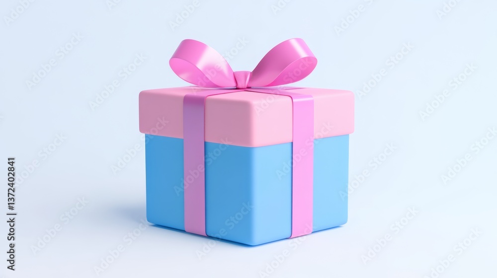 Obraz premium Blue gift box with pink ribbon and bow on light background