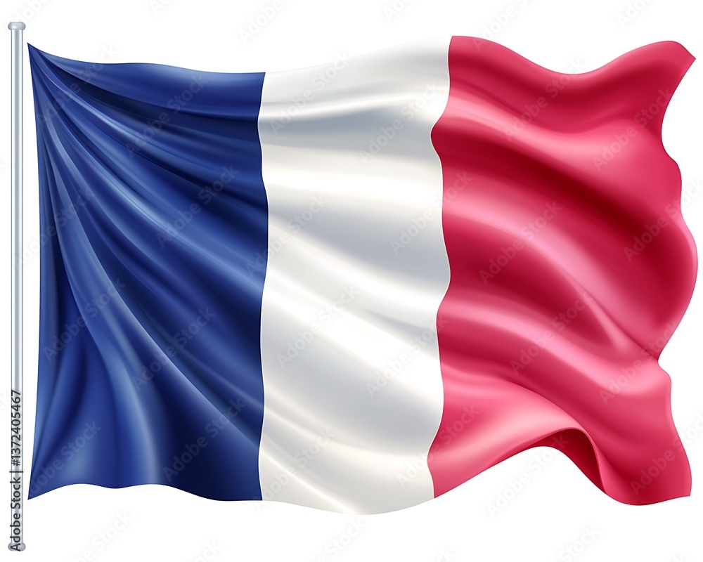 A rendered image depicts a waving vertical tricolor flag A rendered image depicts a waving vertical tricolor flag