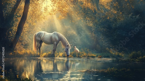 Majestic horse drinking at tranquil autumnal forest stream