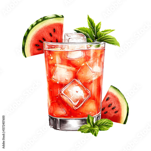 Glass of watermelon juice and slice of watermelon with mint and ice. Tasty fruit smoothie tropical cocktail or lemonade.  Hand drawn illustration isolated on white background