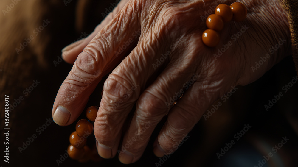 Fototapeta premium 高齢男性が数珠をそっと撫でる瞬間