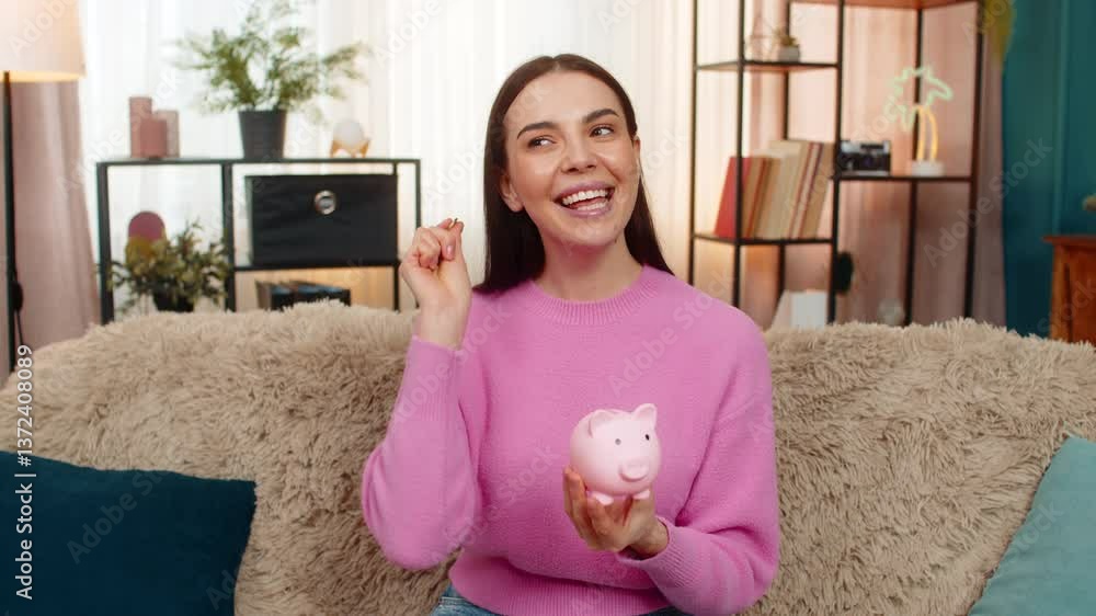 Young happy woman at home counting small coins carefully placing savings into piggy bank, investing future finances. Caucasian girl on sofa managing personal budget, financial planning, money saving Young happy woman at home counting small coins carefully placing savings into piggy bank, investing future finances. Caucasian girl on sofa managing personal budget, financial planning, money saving
