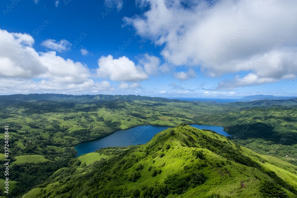 Lush green hills meet clear waters under a bright, partly cloudy sky Lush green hills meet clear waters under a bright, partly cloudy sky