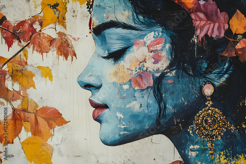 A painted portrait of a woman with blue skin and flowers
