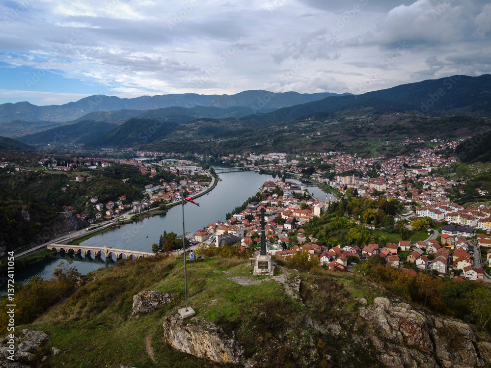 Fototapeta premium Aerial view of Visegrad old town, Bosnia and Herzegovina