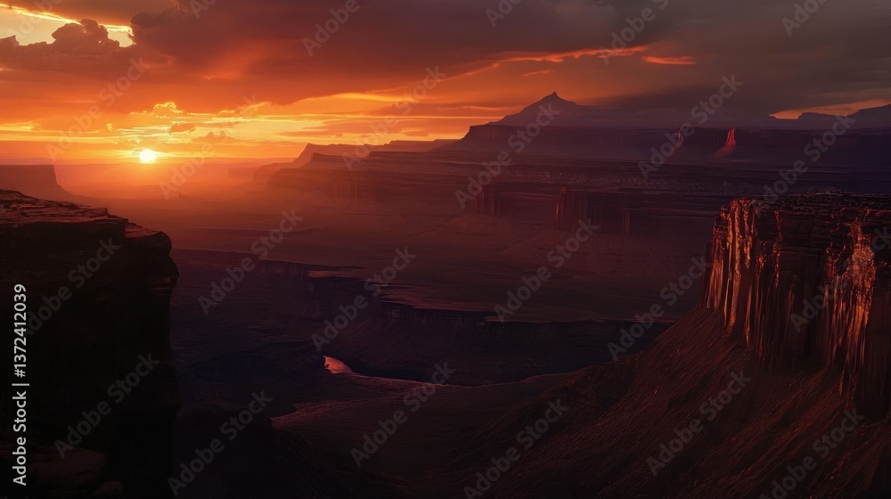 Fototapeta premium Fiery sunset over a vast canyon landscape showcasing nature's majestic beauty
