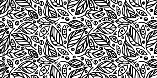 Trendy funky black and white exotic seamless pattern with bold stroke naive hand drawn leaves and eyes. Contemporary modern textured leaf and eye print for psychedelic textile, surface design