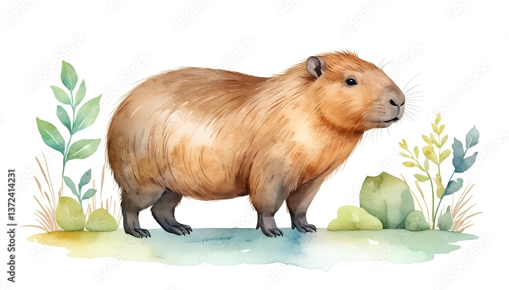 Fototapeta premium Watercolor Capybara in a Natural Setting