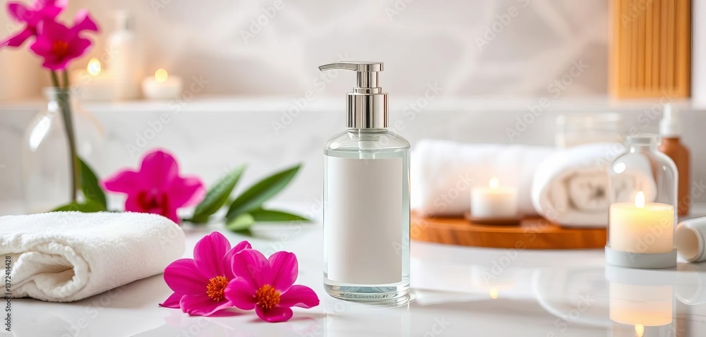 Luxurious healthcare spa setting; liquid soap bottle mockup on white, product photography, fragrance Luxurious healthcare spa setting; liquid soap bottle mockup on white, product photography, fragrance