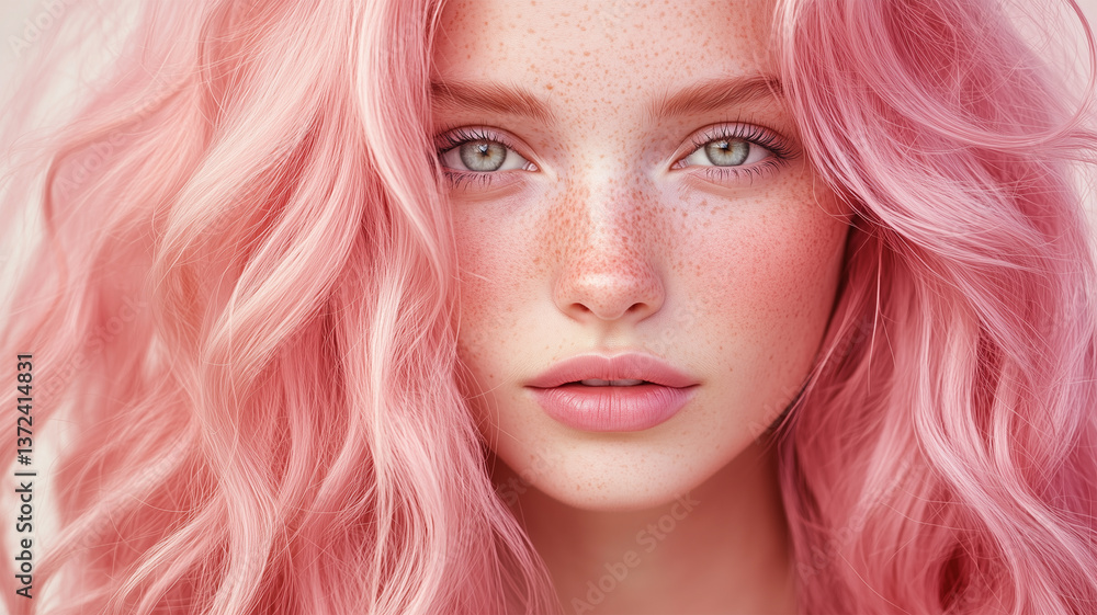 Fototapeta premium 淡いピンクヘアとそばかすが魅力的な若い女性のナチュラルポートレート