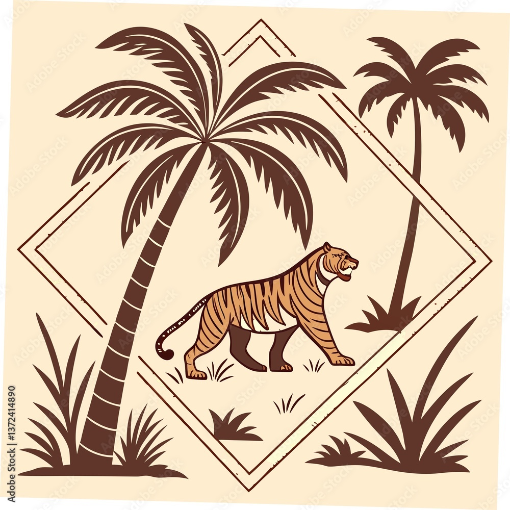 Retro hand drawn tropical summer seamless pattern set. Traditional patchwork style background illustration. Vintage exotic nature textile print collection. Jungle animal texture with tiger, palm ... S Retro hand drawn tropical summer seamless pattern set. Traditional patchwork style background illustration. Vintage exotic nature textile print collection. Jungle animal texture with tiger, palm ... S
