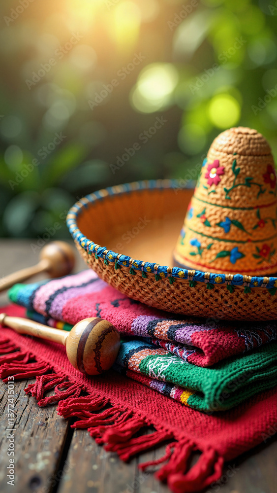Vibrant Cinco de Mayo Celebration with Sombrero, Maracas, and Serape Rug Isolated on Transparent Background for Marketing and Promotions