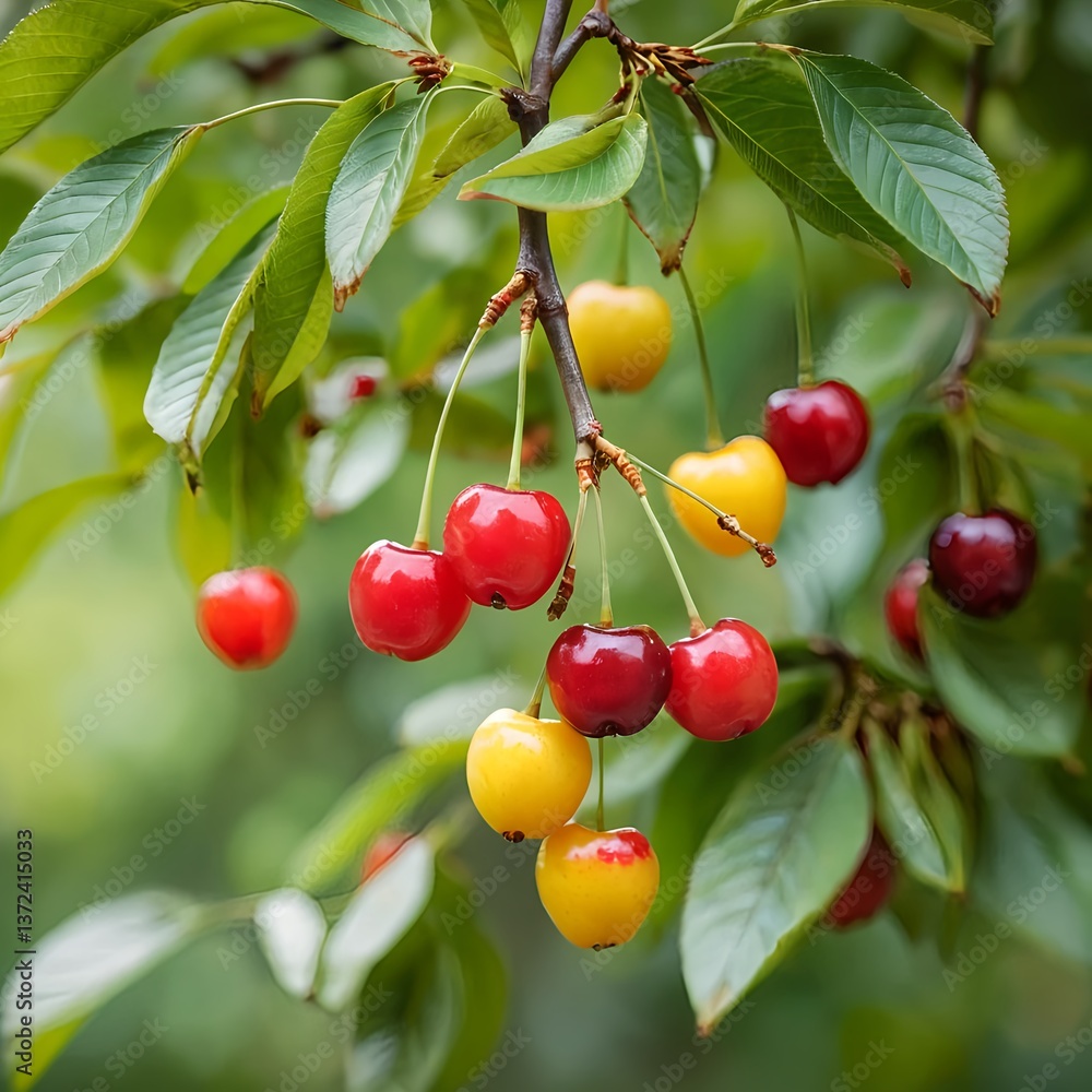 Obraz premium Ripe Red and Yellow Cherries on Branch