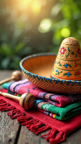 Obraz na płótnie Vibrant Cinco de Mayo Celebration with Sombrero, Maracas, and Serape Rug Isolated on Transparent Background for Marketing and Promotions w salonie