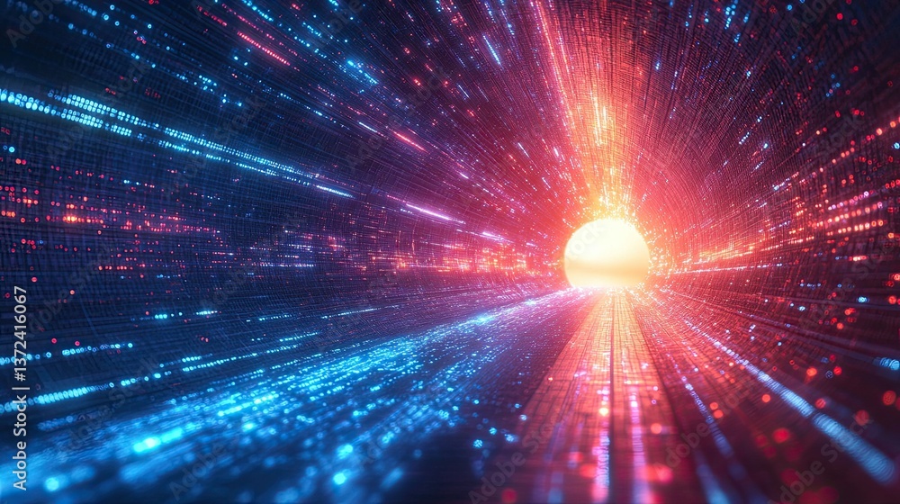 Fototapeta premium Abstract Digital Tunnel with a Data Stream and Futuristic Technology Lighting Against a Sunset Backdrop --