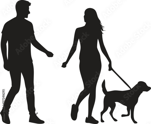 Couple Walking Dog Silhouette – Man and Woman with Pet Vector Illustration