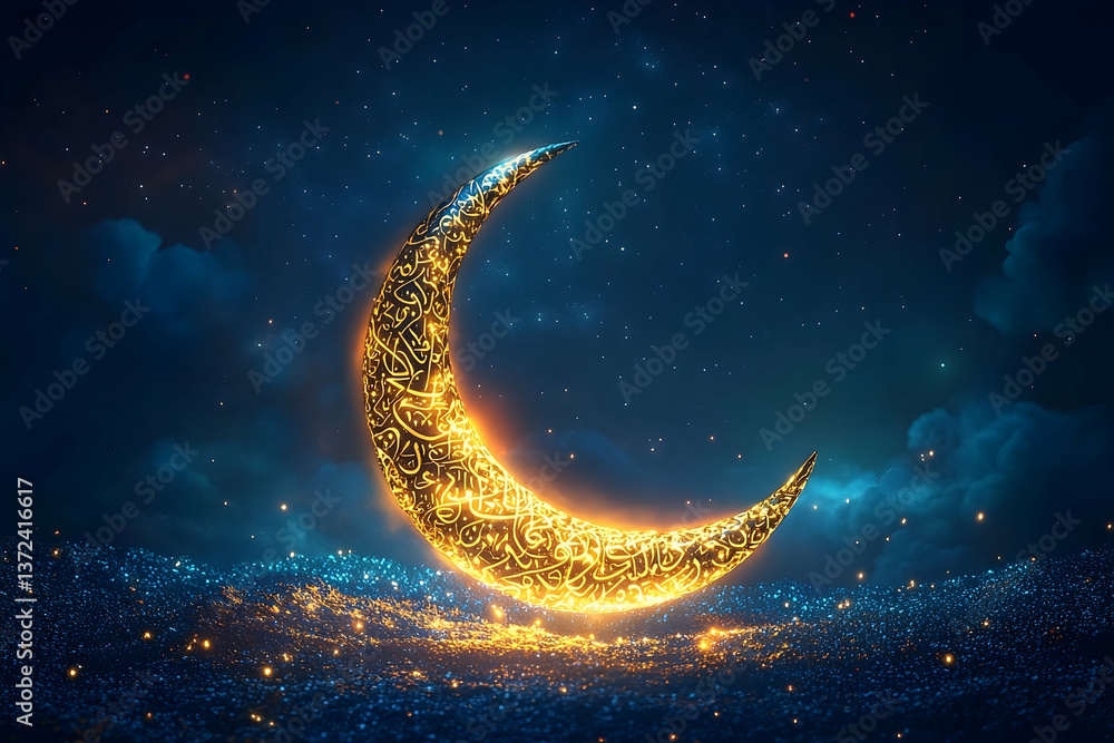 A luminous crescent moon glowing against a starry night sky backdrop A luminous crescent moon glowing against a starry night sky backdrop