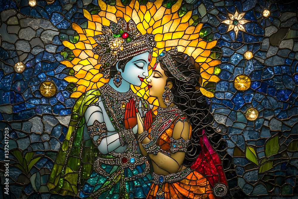 Fototapeta premium Beautiful stained glass depicting two figures in a loving embrace