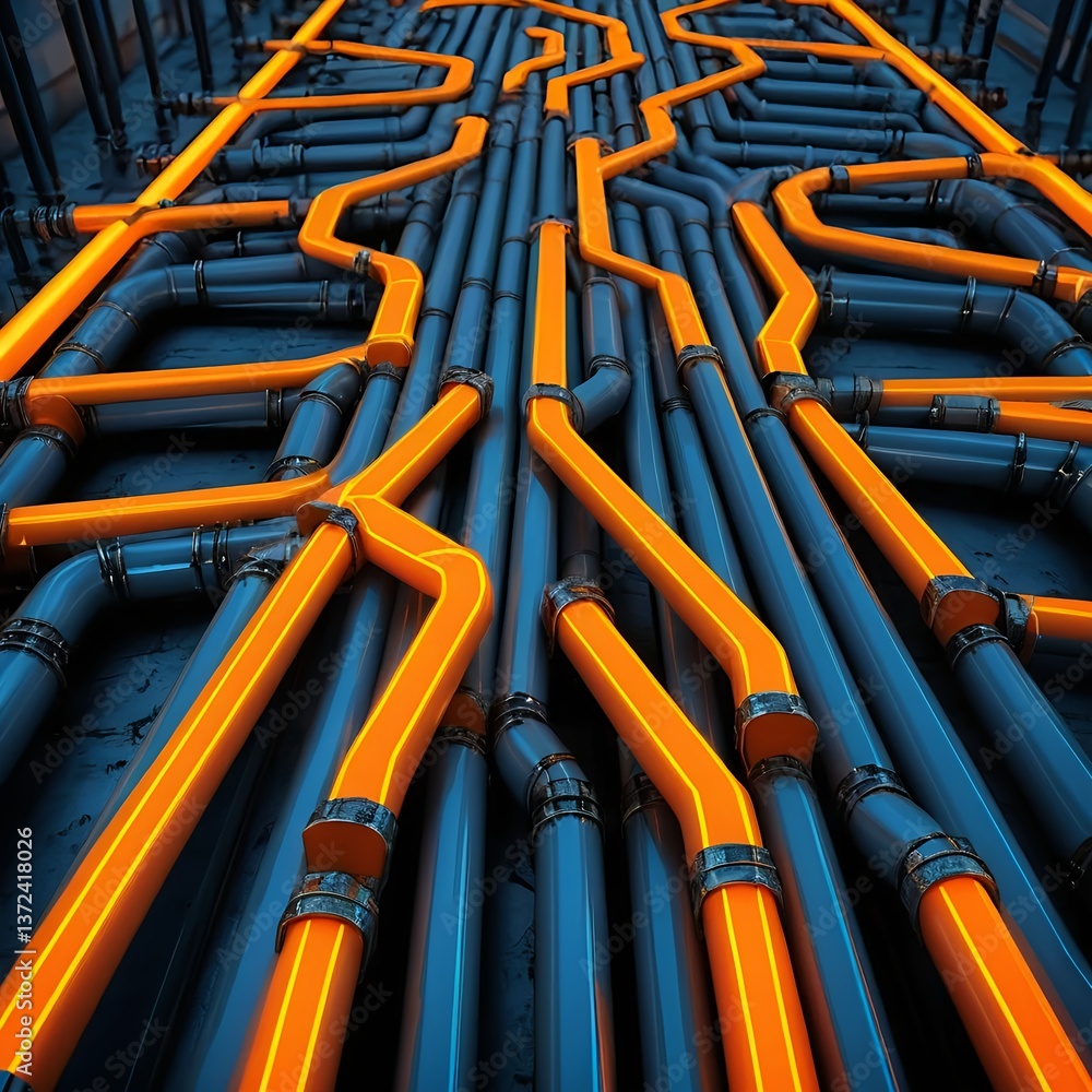 Abstract Network of Pipes with Glowing Orange Lines Abstract Network of Pipes with Glowing Orange Lines