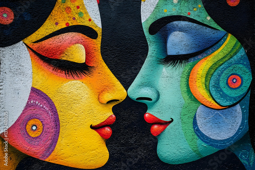 Two colorful painted faces nearly touching noses against a black background