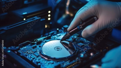 Digital forensics expert carefully examining an encrypted hard drive close up