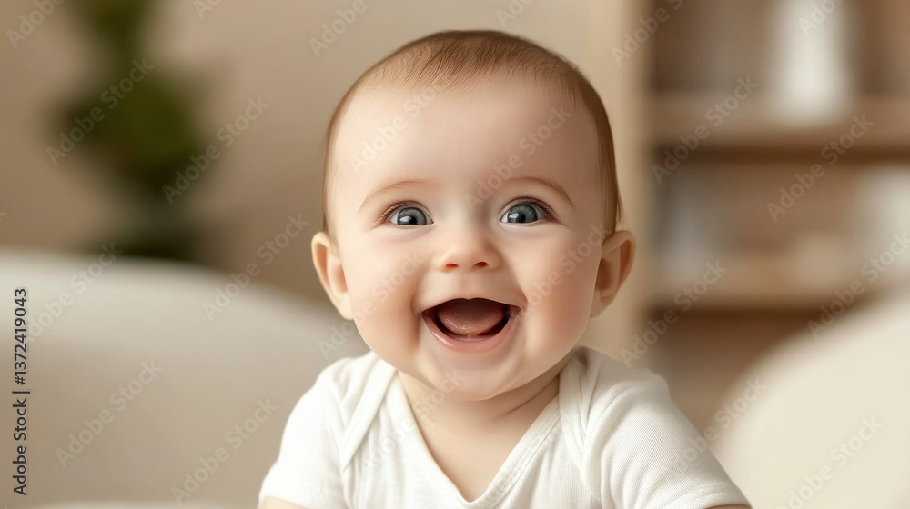 Joyful Baby Smiling Happily in Cozy Indoor Environment Joyful Baby Smiling Happily in Cozy Indoor Environment