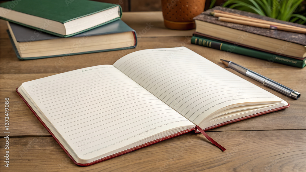 Naklejka premium An open blank notebook with a pen lies on a wooden table with books, for planning, notes, business, study