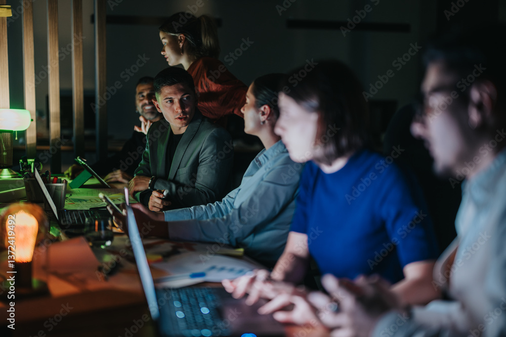 Fototapeta premium A group of business coworkers engage in a collaborative meeting. The team is focused and working late at night using laptops, fostering teamwork and productivity in a modern office environment.