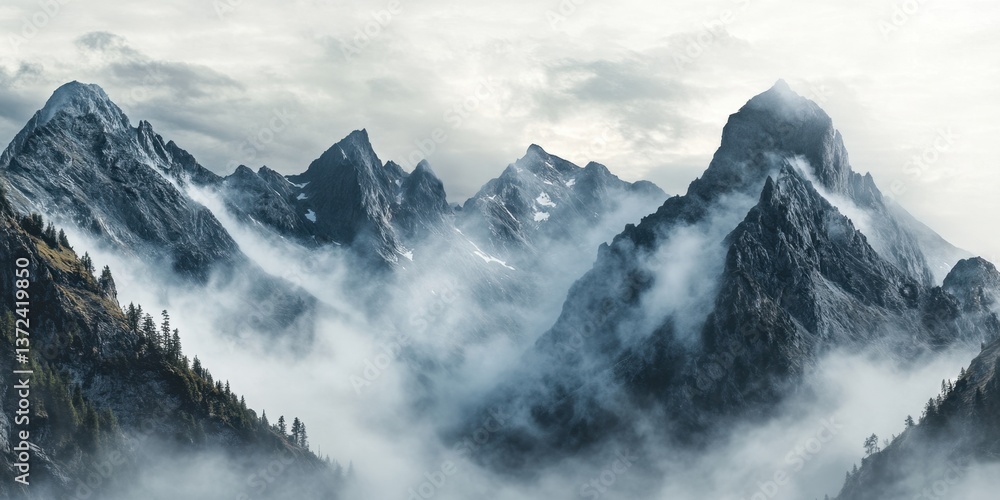 Fototapeta premium Misty Mountain Landscape with Peaks and Clouds