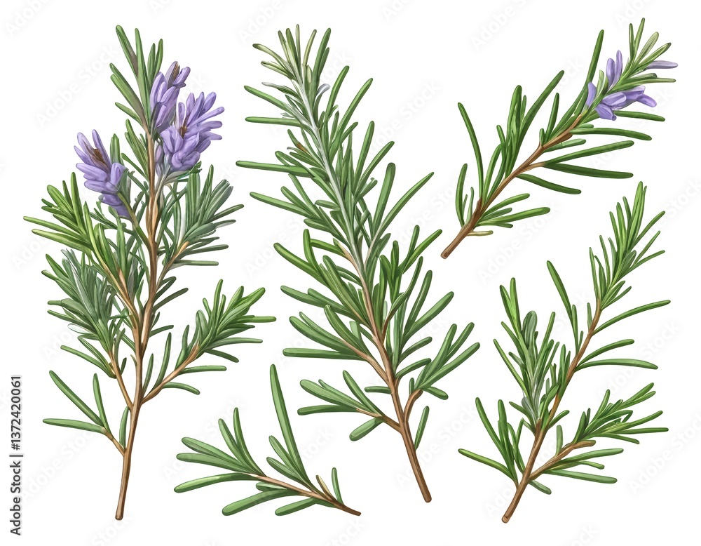 Fototapeta premium Rosemary Sprigs with Flowers - Culinary Herb Collection