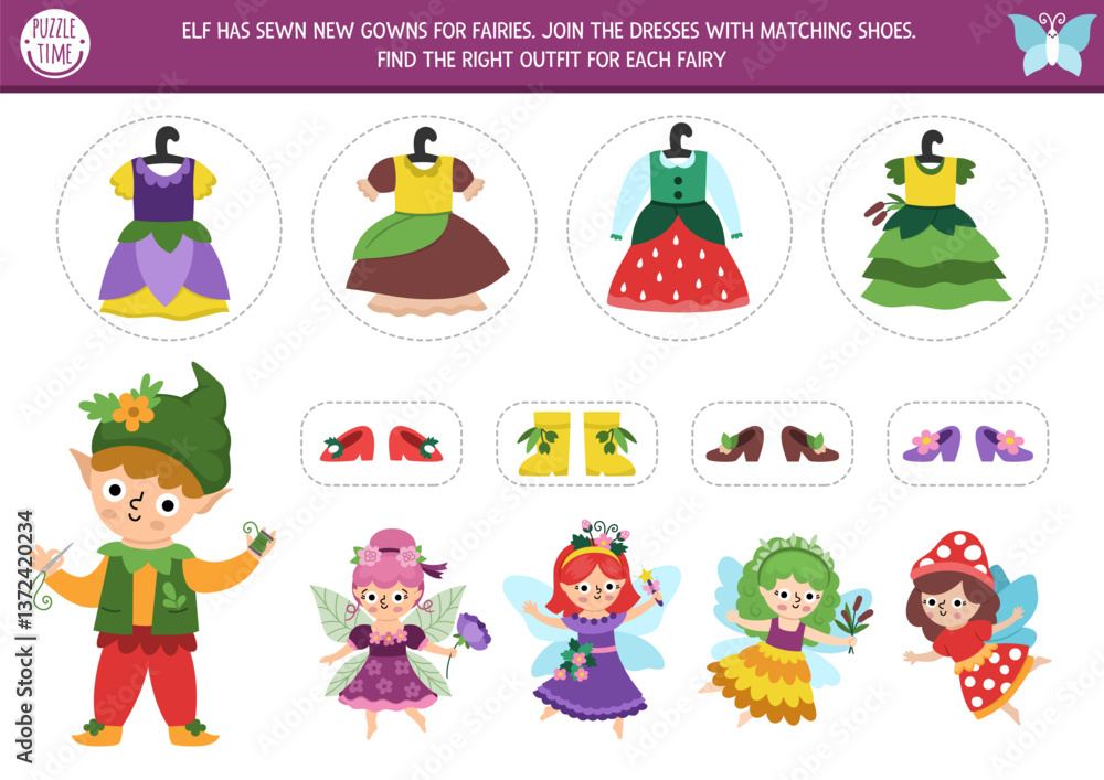 Fototapeta premium Woodland fairy matching activity with elf seamstress, new dresses and shoes for girls. Magic forest puzzle with flower, acorn, berry princess. Match outfits game. Fairytale fantasy match up page