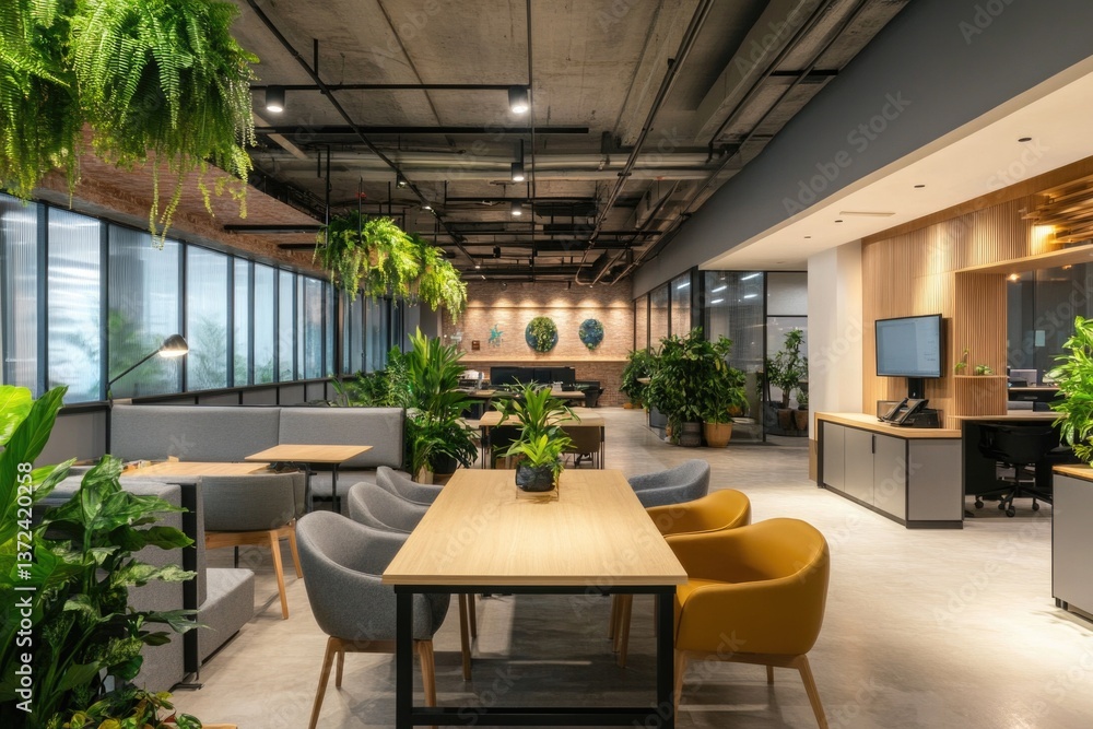 Fototapeta premium Ample and bright co-working office space designed for collaboration and productivity.