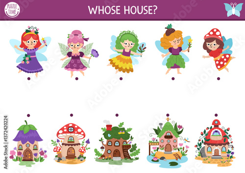 Woodland fairy matching activity with little girls and houses. Magic forest puzzle with flower, acorn, berry princess and cute home. Match the objects game. Fairytale fantasy match up page