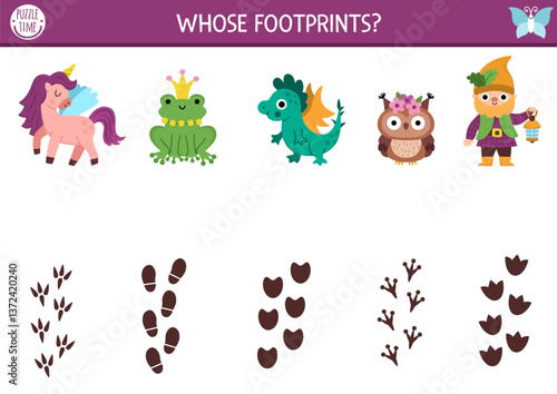 Woodland fairy matching activity with magical creatures, their footprints. Fantasy forest puzzle with unicorn, dragon, frog prince, owl, dwarf, foot prints. Match objects game. Fairytale match up page