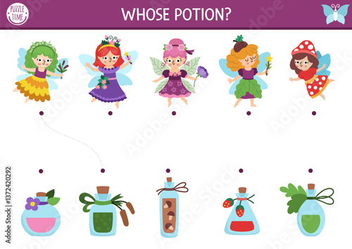 Woodland fairy matching activity with little girls and magic potion. Fantasy forest puzzle with flower, acorn, berry princess and jars with elixir. Match objects game. Fairytale match up page