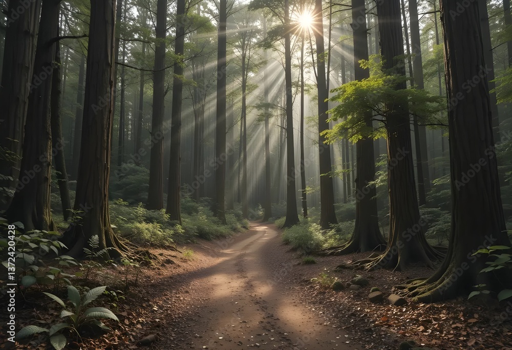 Naklejka premium morning in the forestMisty Forest Trail with Sunlight Filtering Through Trees