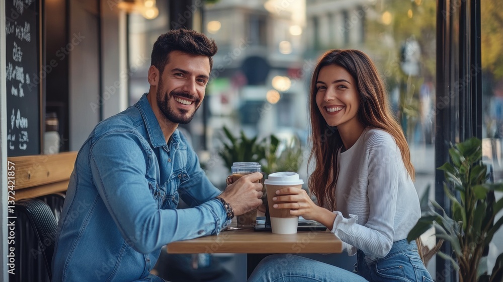 Young Couple Enjoying Coffee and Conversation at Cozy Cafe Young Couple Enjoying Coffee and Conversation at Cozy Cafe