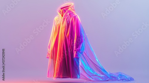 A colorful, translucent digital cloak with a flowing design against a gradient background.