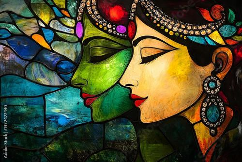 Two female figures with closed eyes in stained glass effect