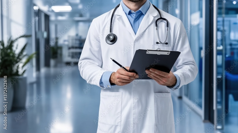 Doctor in White Coat Holding Clipboard in Modern Hospital Setting Doctor in White Coat Holding Clipboard in Modern Hospital Setting
