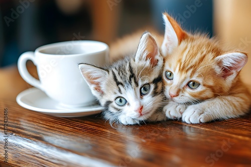 kitten cafe concept Two adorable kittens snuggle together near a coffee cup on a wooden table.