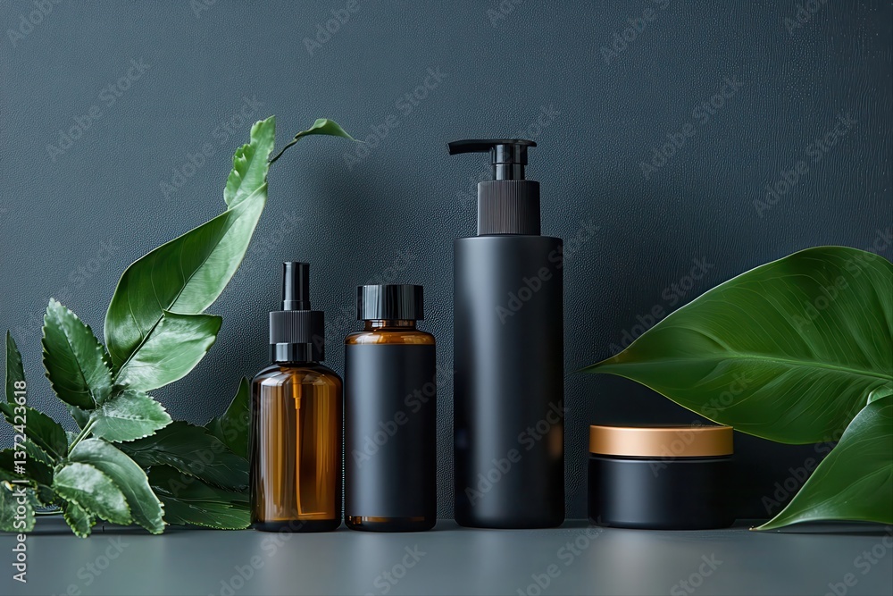 Luxury Skincare and Elegance. A refined selection of dark skincare bottles paired with vibrant foliage. Luxury Skincare and Elegance. A refined selection of dark skincare bottles paired with vibrant foliage.