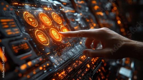 Close-up shot of an entrepreneura??s hand generating a futuristic glowing financial dashboard, depicting rising quality and cost optimization in an advanced corporate setting.