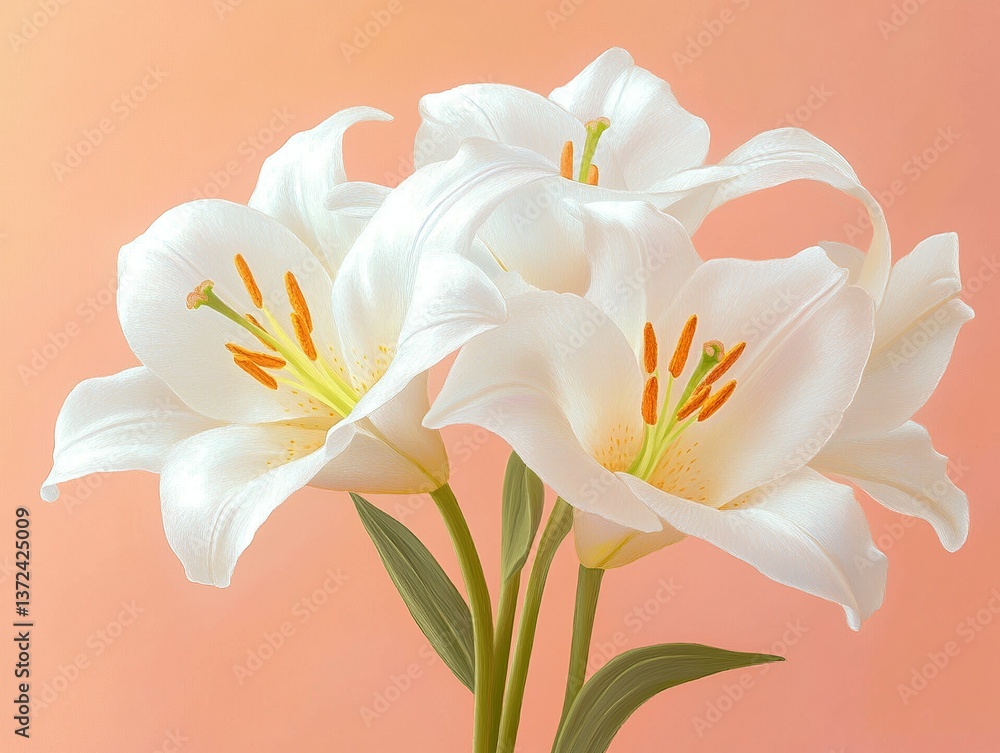 Obraz premium Elegant white lily bouquet against a soft peach backdrop. Delicate petals and vibrant details shine.