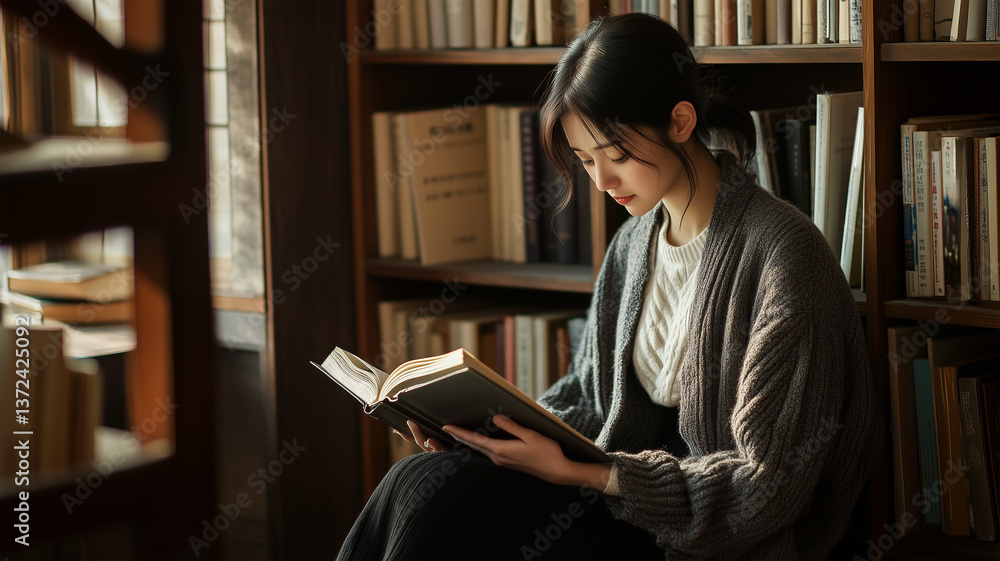 図書館で資料を読み込む控えめなカーディガン姿の女性 図書館で資料を読み込む控えめなカーディガン姿の女性